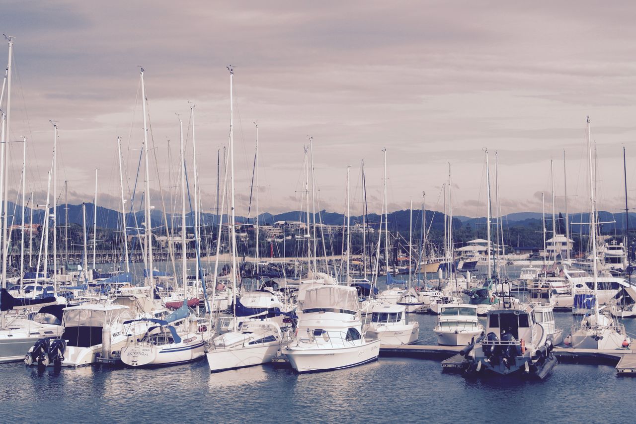 A picturesque marina with sailboats and yachts docked, set against a coastal mountain backdrop.